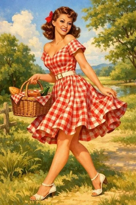 Smiling retro pinup woman in a red gingham dress carrying a picnic basket on a sunny country path