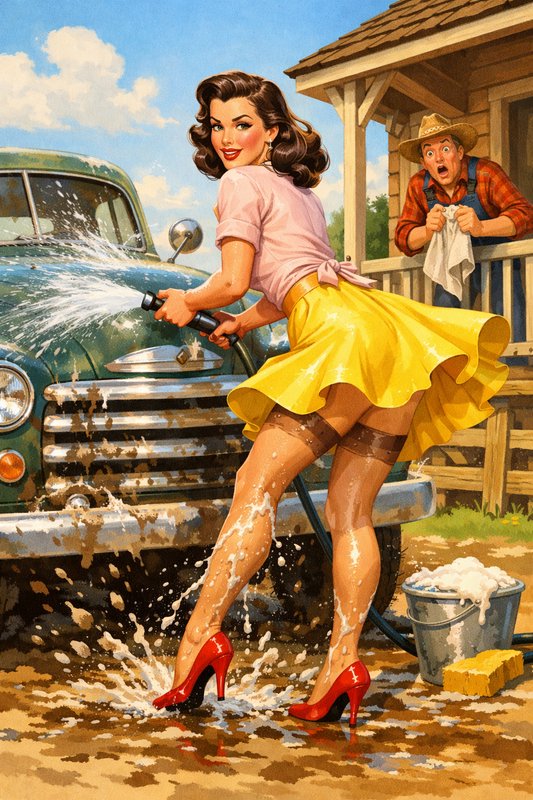 Retro pinup woman washing a vintage pickup truck as a surprised rancher watches from a cabin porch