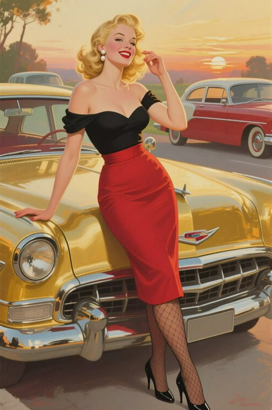 Smiling retro pinup blonde leaning against a glossy golden vintage car at golden hour sunset