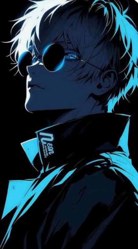 Stylized neon portrait of Satoru Gojo wearing round sunglasses against a solid black background