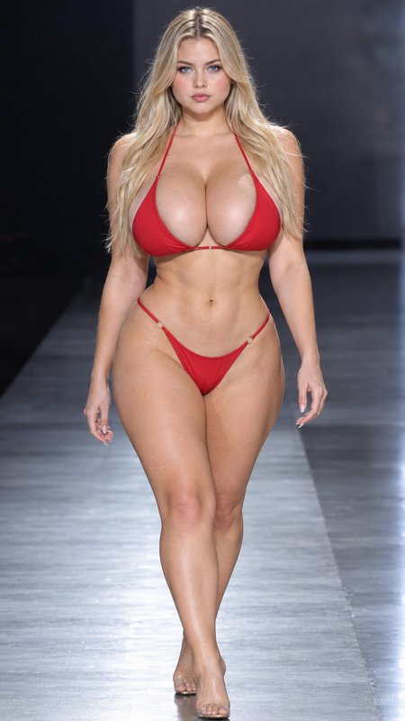 Curvy blonde model in a red micro bikini walks toward the camera on a reflective fashion runway