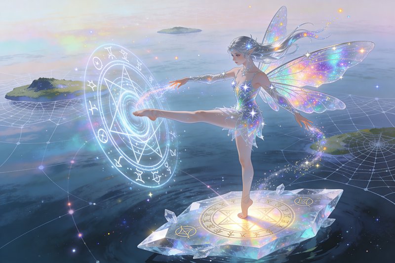 Ethereal fairy with iridescent butterfly wings performing magic on a crystal platform above water.