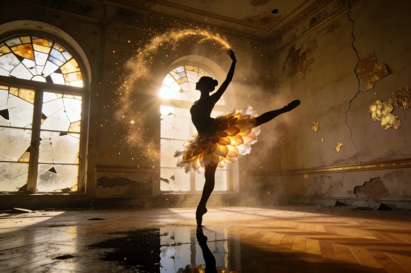 Ballerina in a petal tutu performing arabesque in an abandoned room with sunlit arched windows.