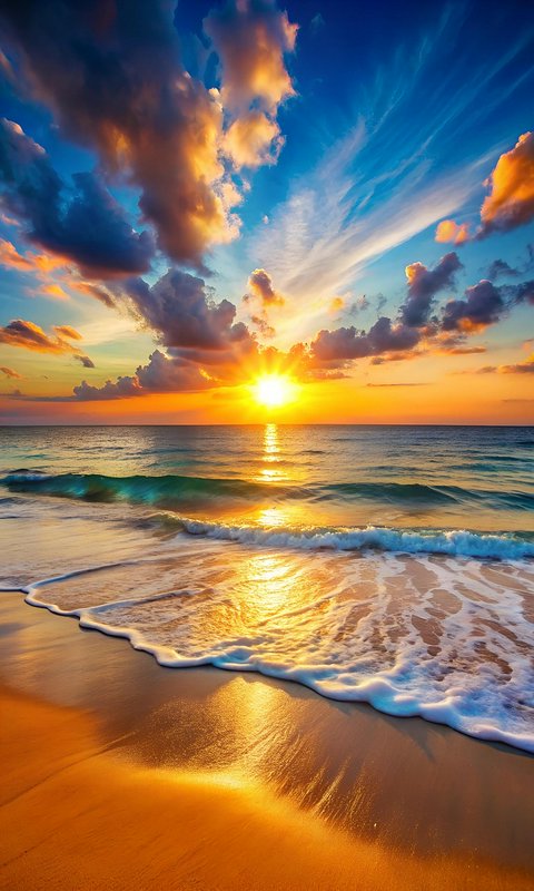 Bright golden sunset over tropical beach as gentle foamy waves lap onto sunlit shore sand