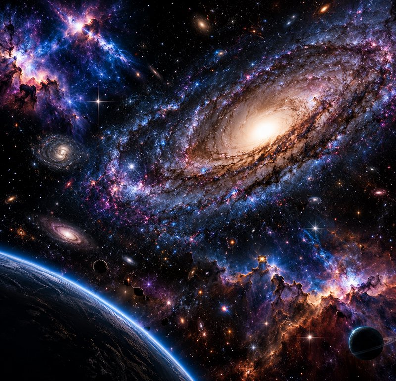 Curved planetary foreground frames a massive spiral galaxy and glowing colorful nebula in deep ou...