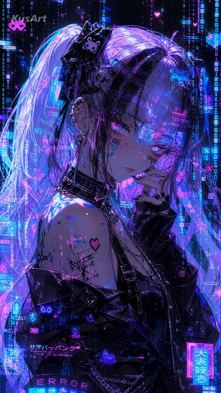 Glitchy cyberpunk anime girl with glowing purple hair surrounded by neon binary code overlays
