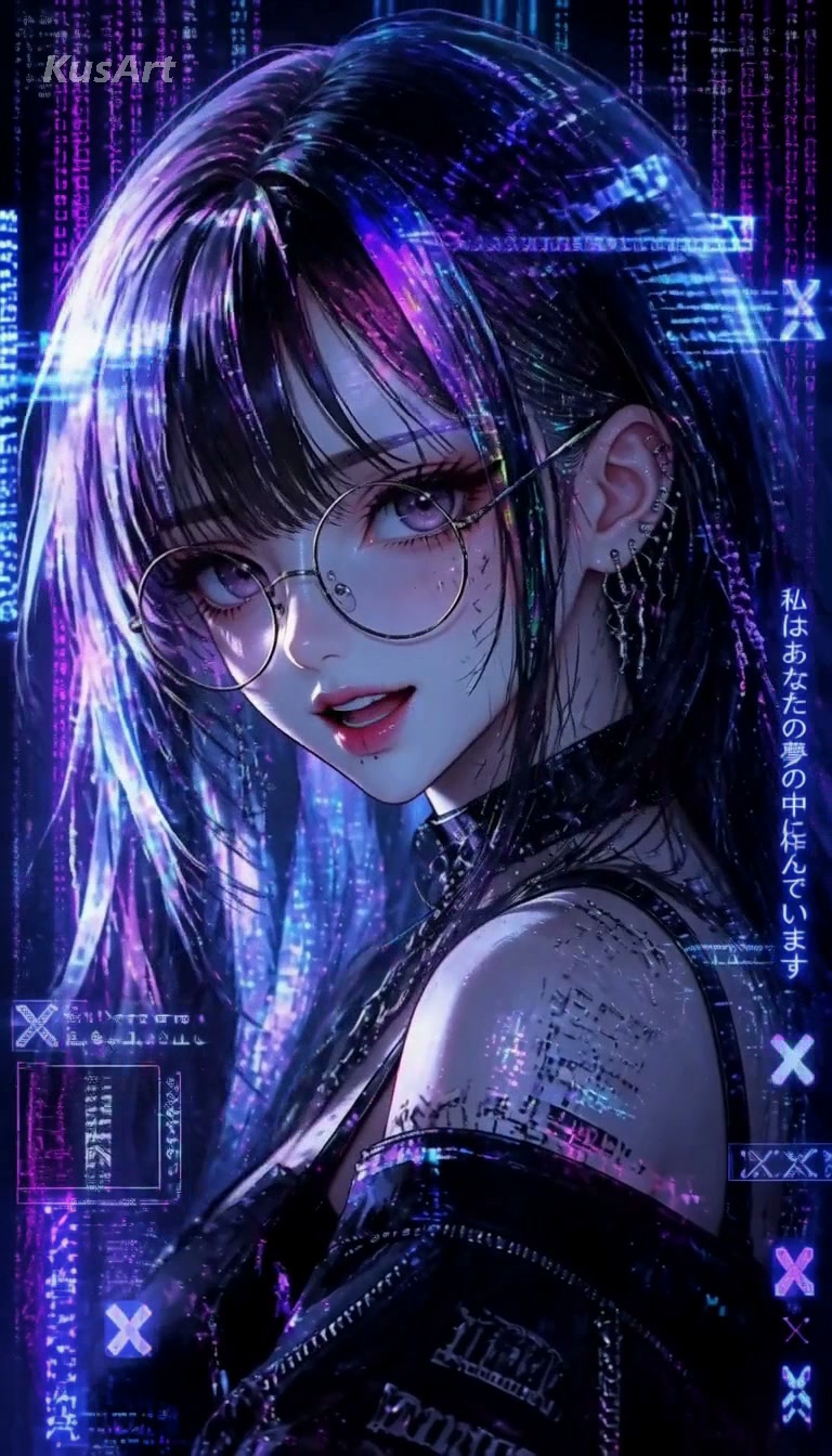 Cyberpunk anime girl with round glasses against a glowing cascading digital code matrix background