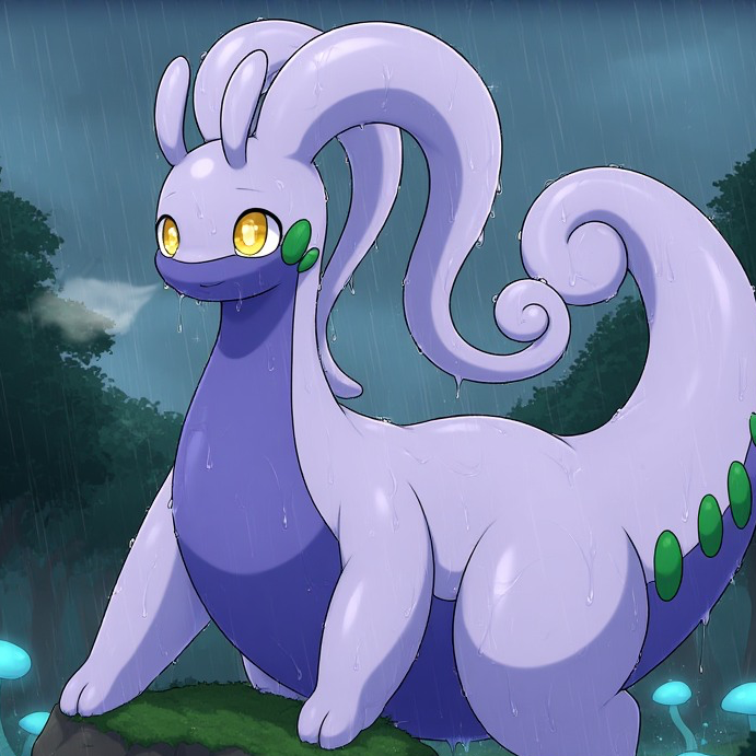 Lavender dragon-like creature with curled horns and yellow eyes in the rain.
