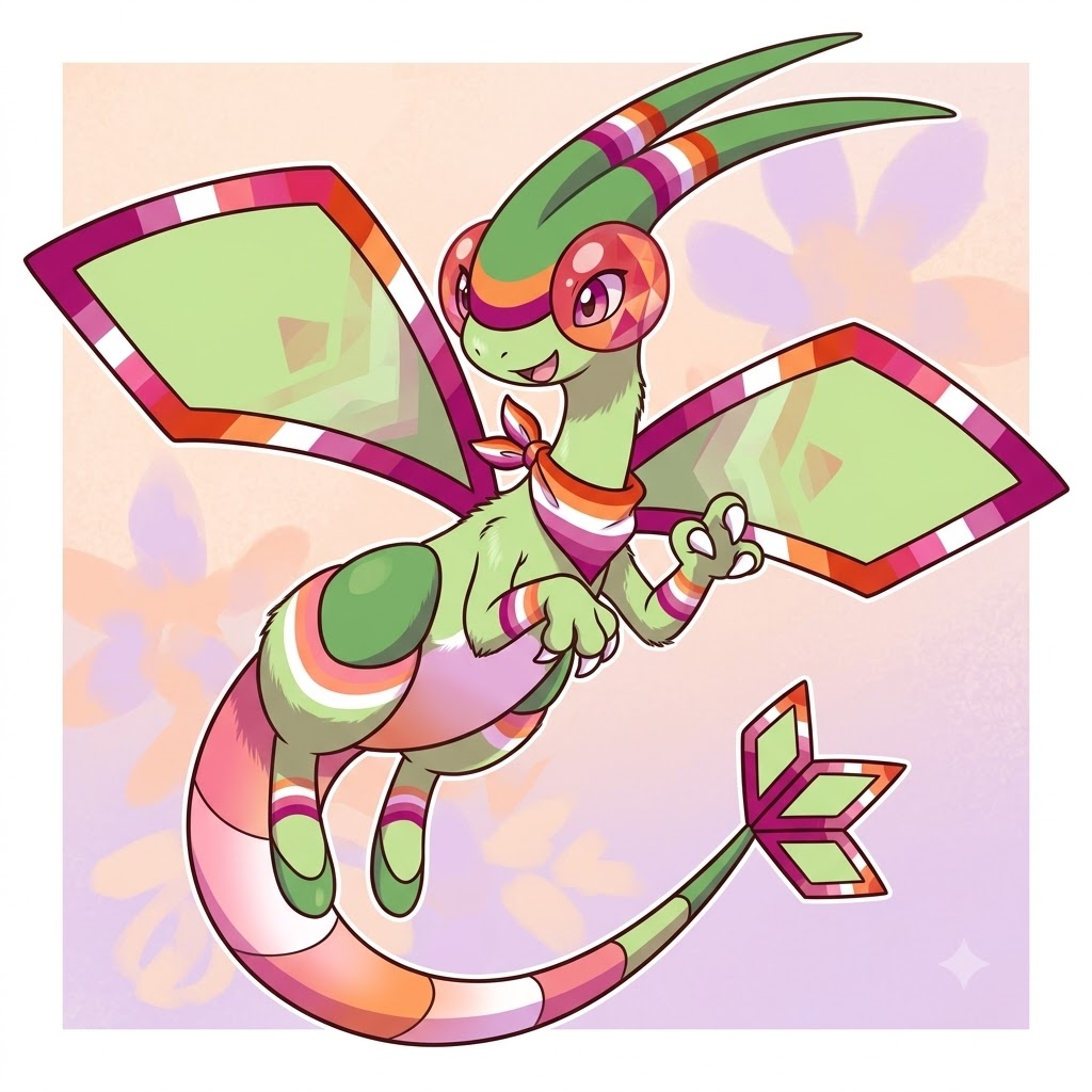 Colorful dragon-like character with green wings and pink-orange accents in a playful pose.