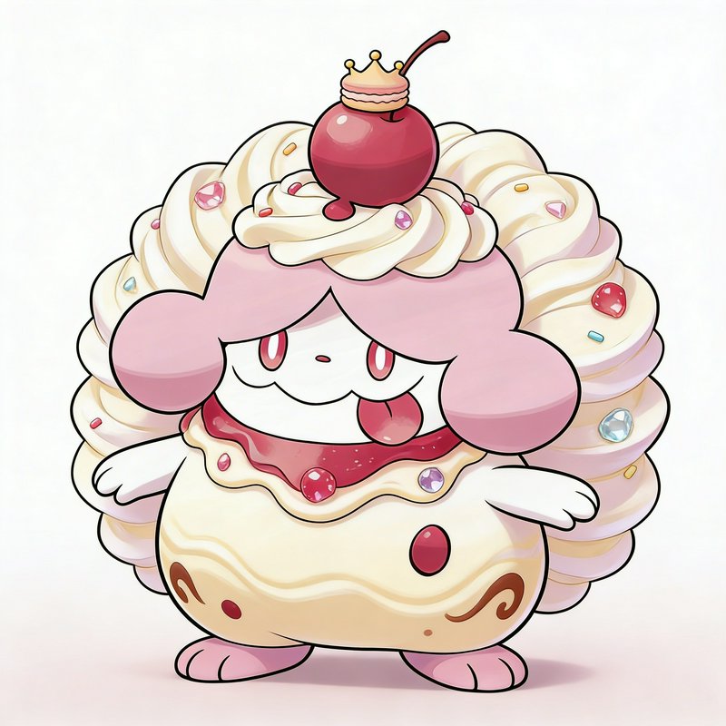 Cute kawaii dessert character with whipped-cream mane, pink body, and cherry on top