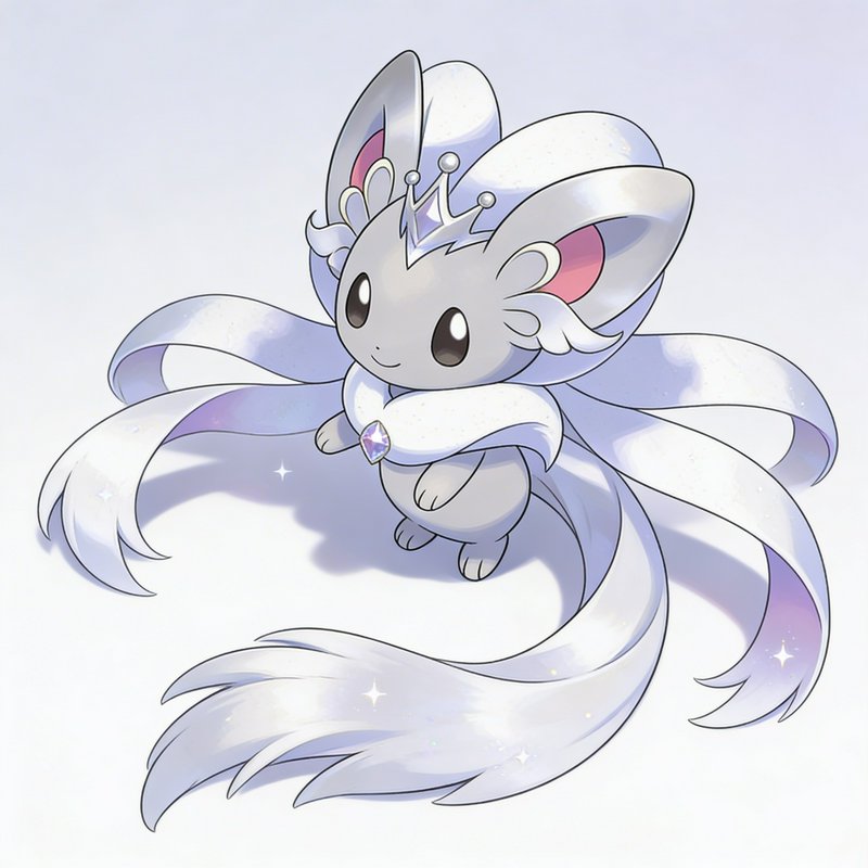 Cute white fantasy creature with a crown and flowing ribbons floating in a pastel sky.