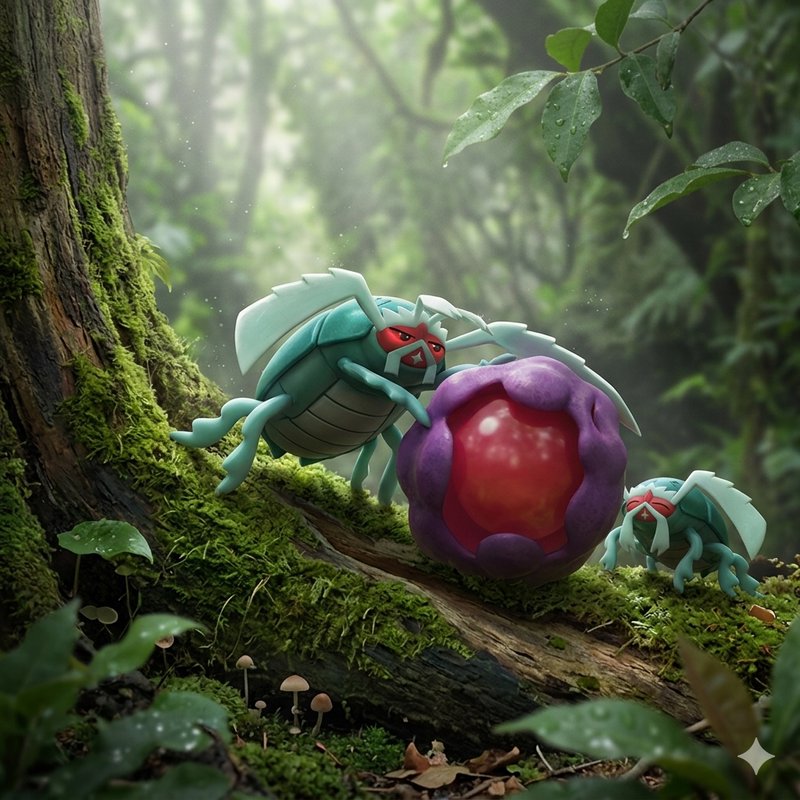 Three teal insect-like creatures push a large purple berry in a mossy forest setting.