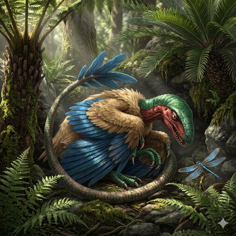 Fantastical feathered dinosaur with blue wings and green head in a lush jungle.