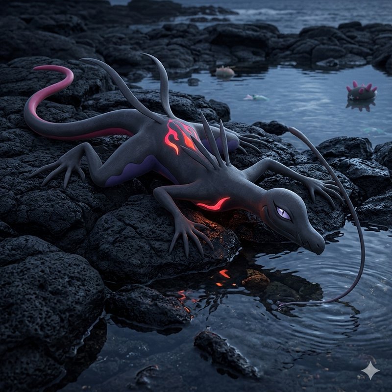 Animated dark dragon-like creature with glowing red patterns on rocky shoreline by twilight water