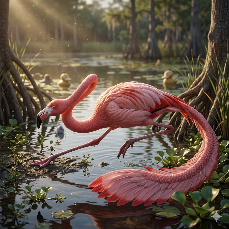 Pink flamingo wading through a swampy pond among aquatic plants at sunset.