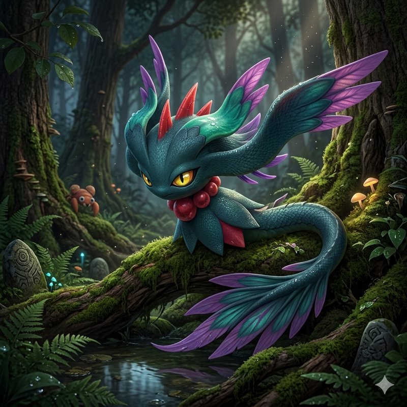 Colorful dragon-like creature with teal body and purple wings perched on a mossy log in an enchanted forest.