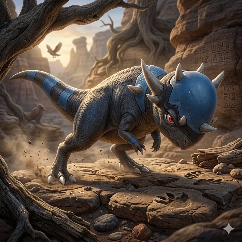 Blue armored ceratopsian dinosaur with horns in a sunlit rocky desert canyon.