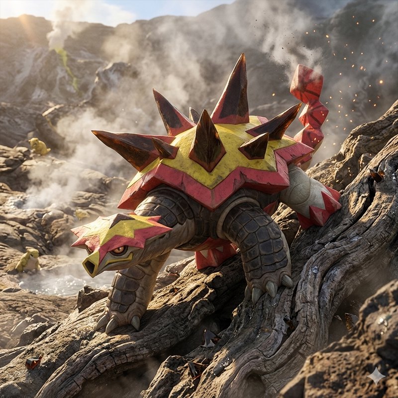 Spiky armored turtle-like monster climbing rugged volcanic rocks with a bright pink-yellow shell.