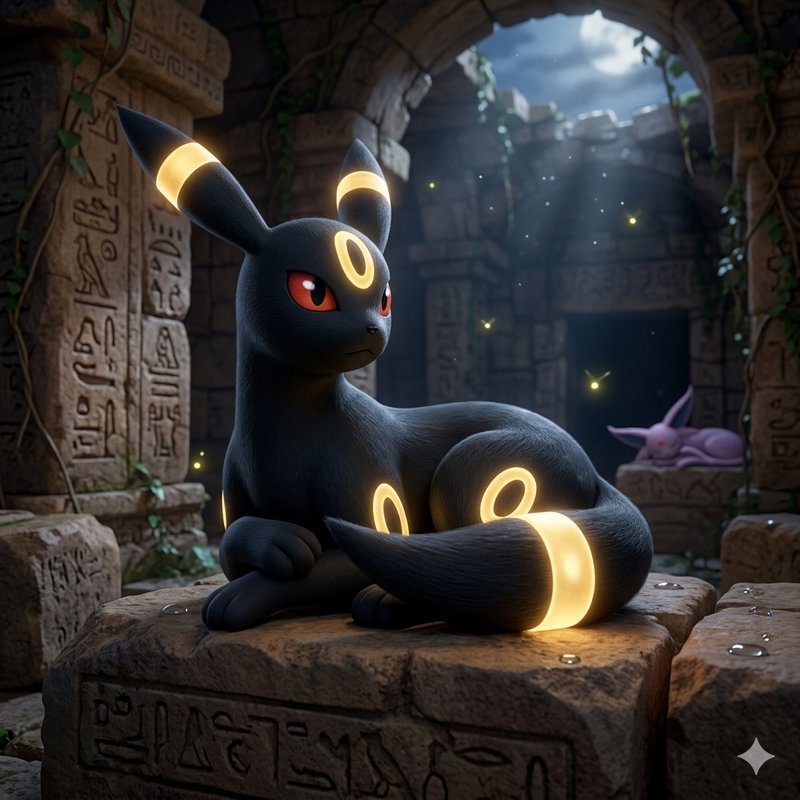 Dark, sleek Pokémon-like fox with glowing rings on ears and tail in an ancient ruin.