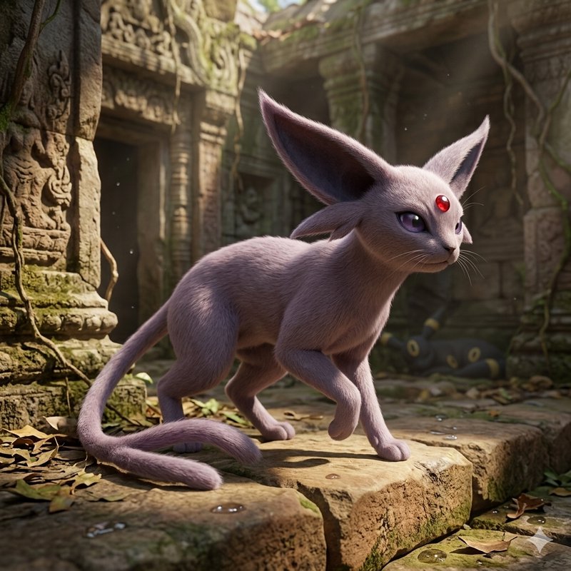 Purple furred, cat-like fantasy creature with a red gemstone on its forehead stands in mossy ancient temple ruins.