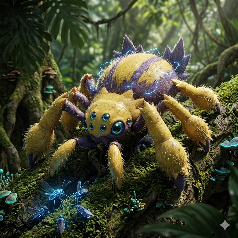 Bright yellow and purple multi-eyed fantasy spider perched on a mossy log in a lush forest.