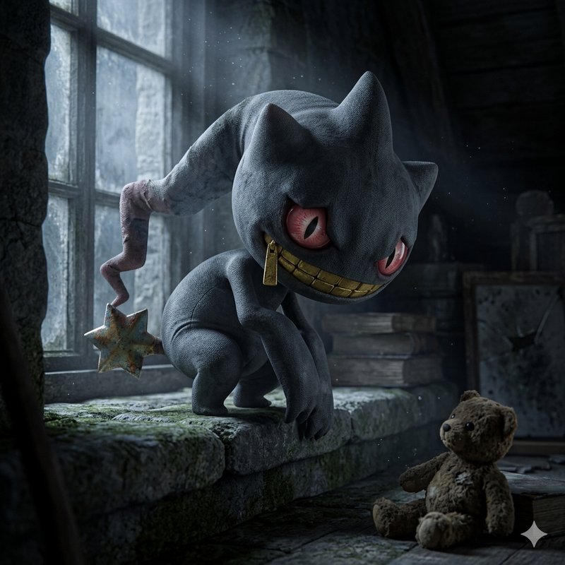 Small gray creature with a zipper mouth and red eyes crouches on a mossy windowsill, facing a teddy bear in a dim