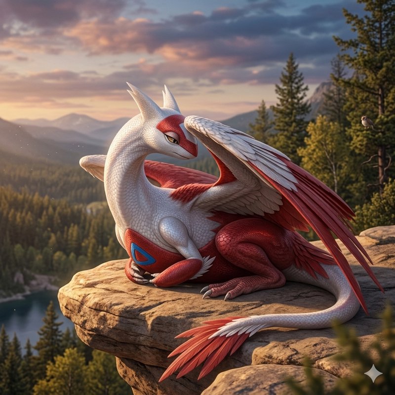 White and red dragon perched on a rocky cliff at sunset over a forested valley
