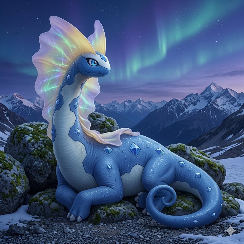 Blue dragon with crystal diamond scales resting on snowy rocks under the aurora borealis.