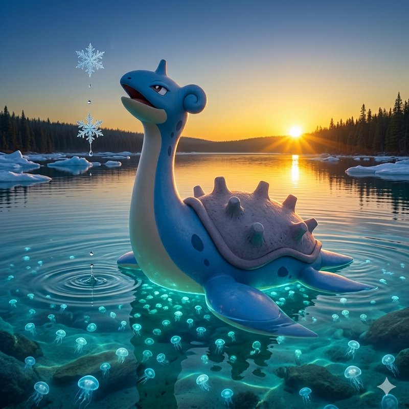 Blue cartoon dinosaur-like creature floating on a lake at sunset with glowing jellyfish beneath.