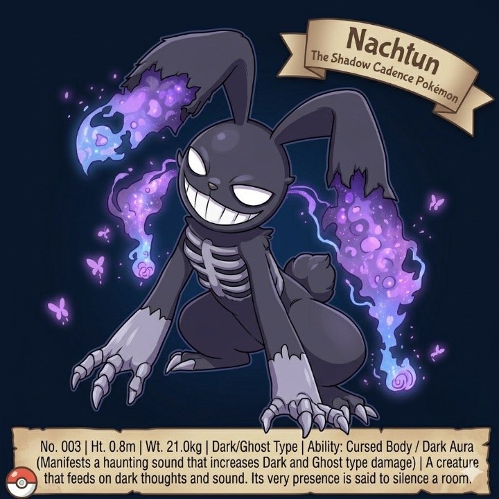 Nachtun, a dark Ghost-type Pokémon with a skeletal body and purple energy aura.