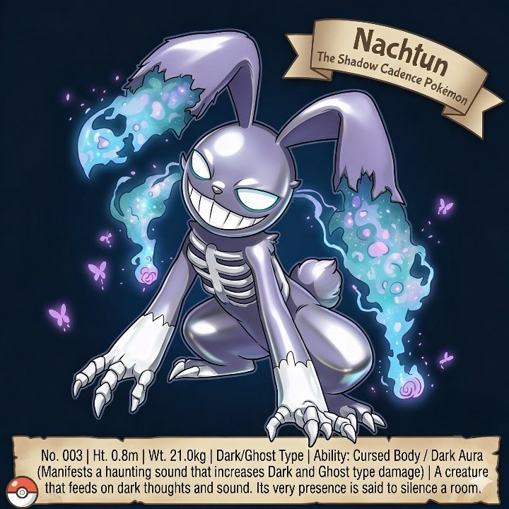 Nachtn, a ghostly bat-like Pokémon with glowing cyan eyes and a smoky blue aura.