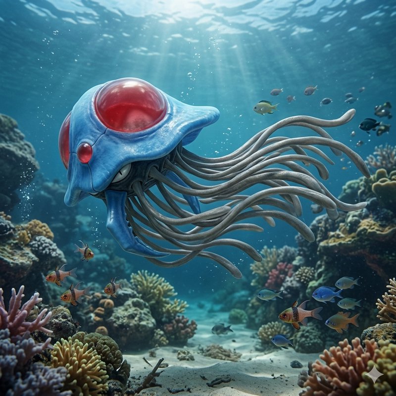Blue cartoonish underwater creature with a red dome and long tentacles swimming above a coral reef.