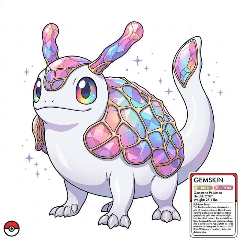 Cute dragon-like Pokémon with colorful gem-like plates and rainbow eyes