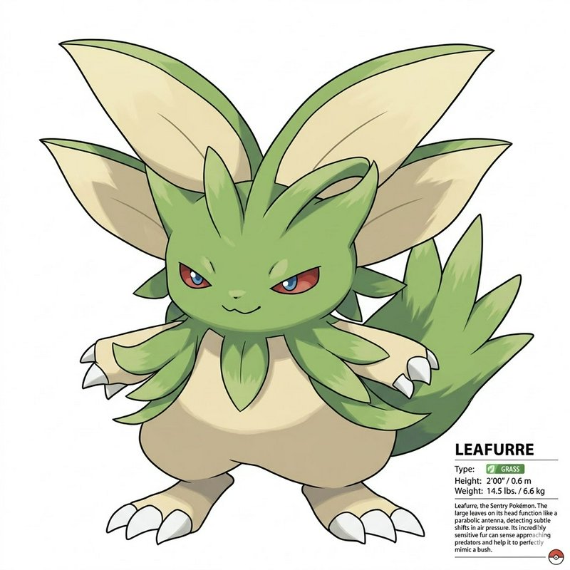 Cartoon leafy Pokémon-inspired creature with green fur, beige belly, and large leaf-like ears.
