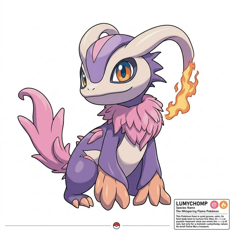 Cute dragon-like Pokémon with purple-pink fur, large orange eyes, and a fiery tail.