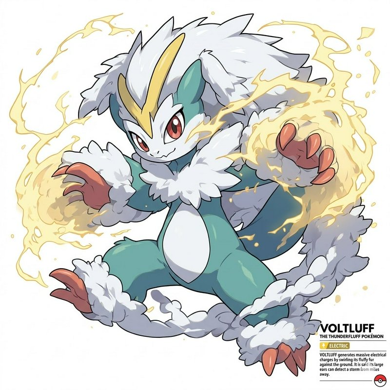 A teal and white electric Pokémon with fur trim, posed dynamically amid yellow electric energy.