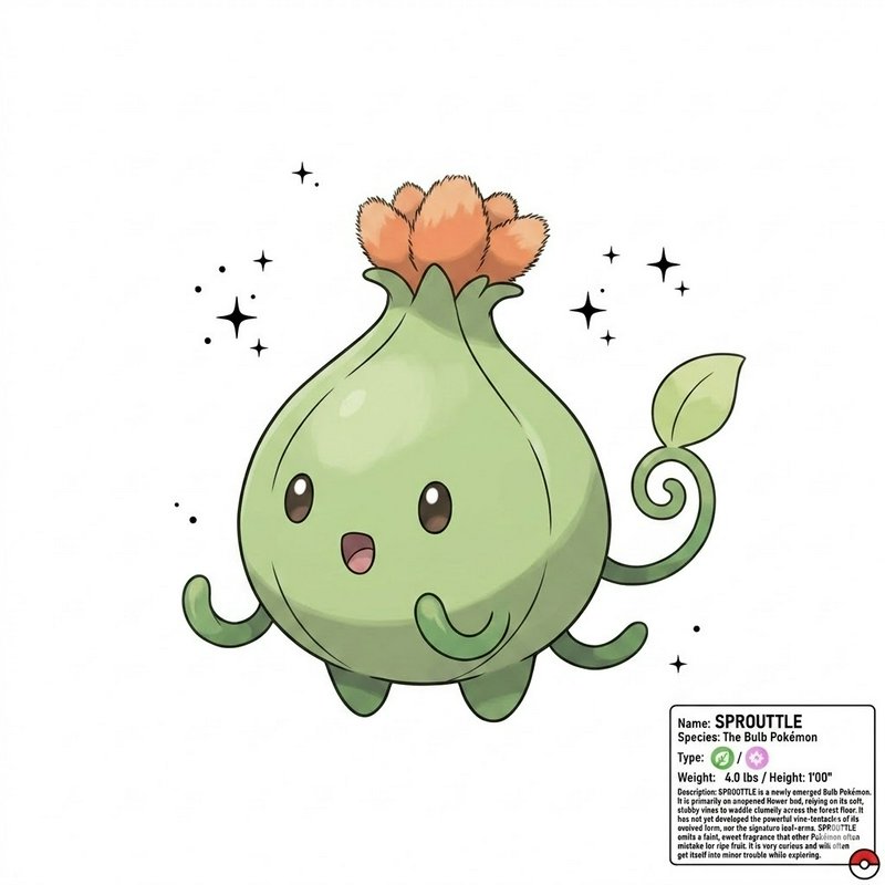 Cute green bulb Pokémon with orange sprouts on top, smiling, floating with sparkles.