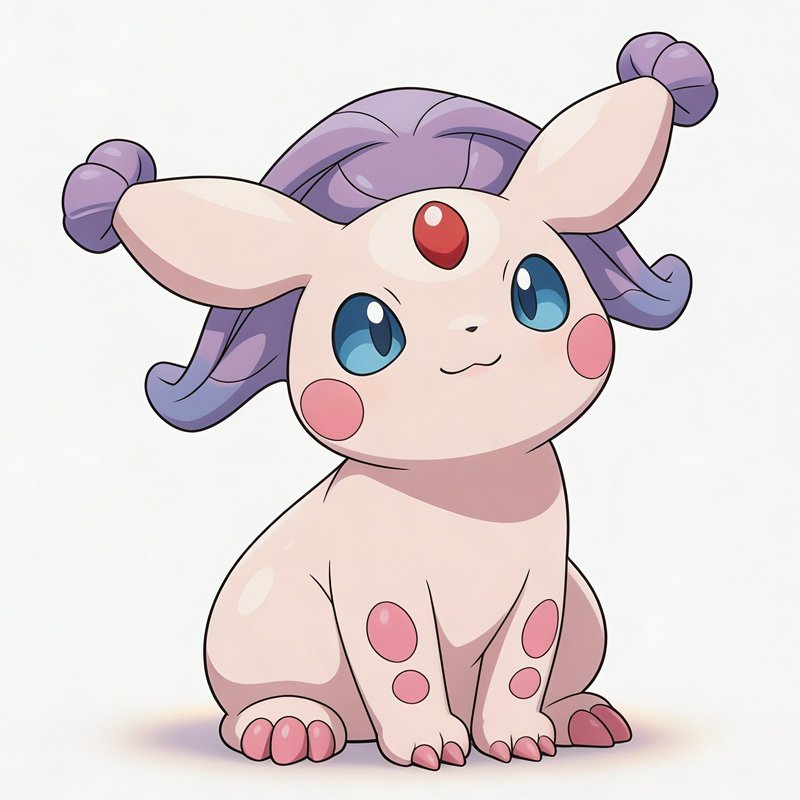 A cute pastel-pink cartoon creature with purple pigtails, a red forehead gem, big blue eyes, and ...