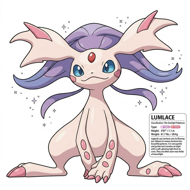 Cute Lumlace Pokémon with pastel pink skin, blue eyes, purple frills, and starry accents.