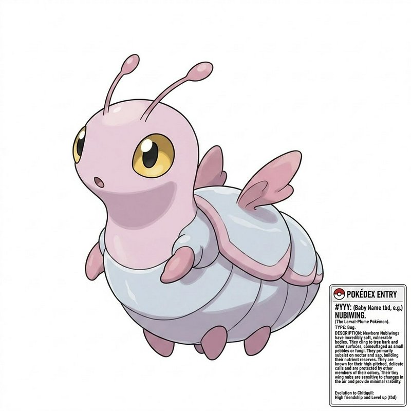 Cartoon pink larva-like Pokémon with large yellow eyes, antennae, and a white segmented body.