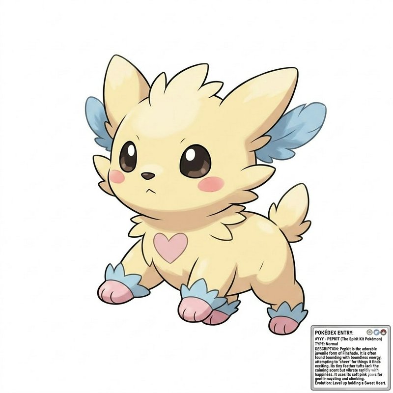 Cute pastel-yellow fantasy creature with blue wings, pink cheeks, and a heart on its chest in a c...