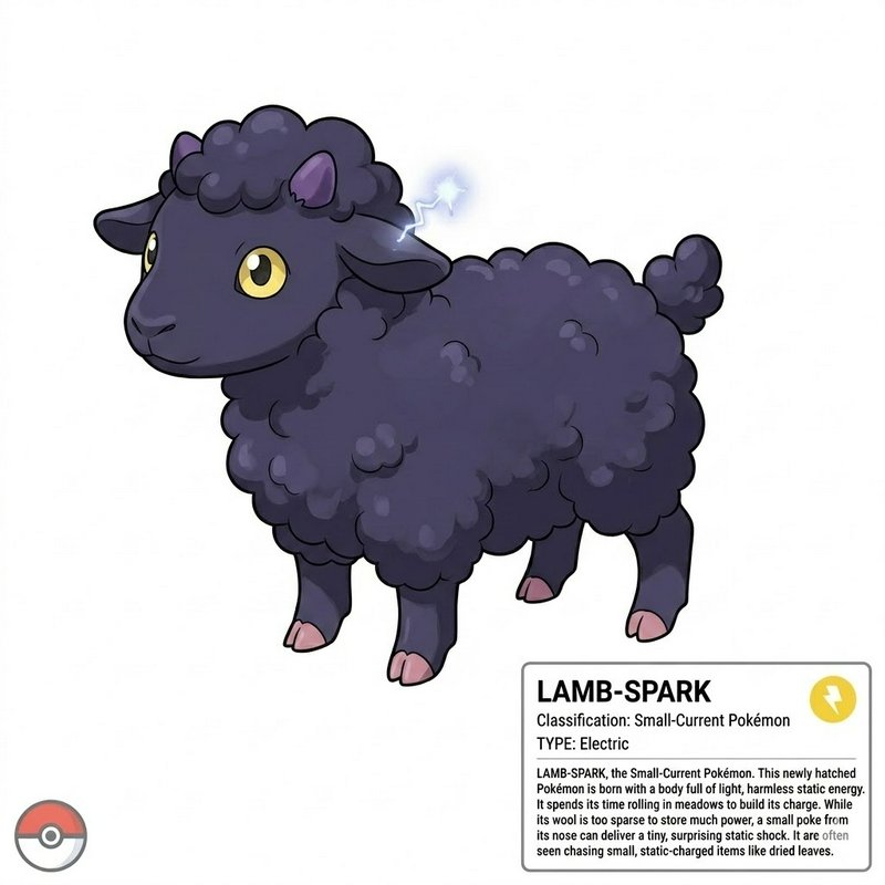 Cute cartoon lamb with dark purple fluffy wool and yellow eyes, small electric spark on its back