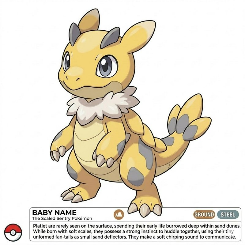 Cute yellow baby dragon Pokémon with gray spots, fluffy white collar, and friendly expression.