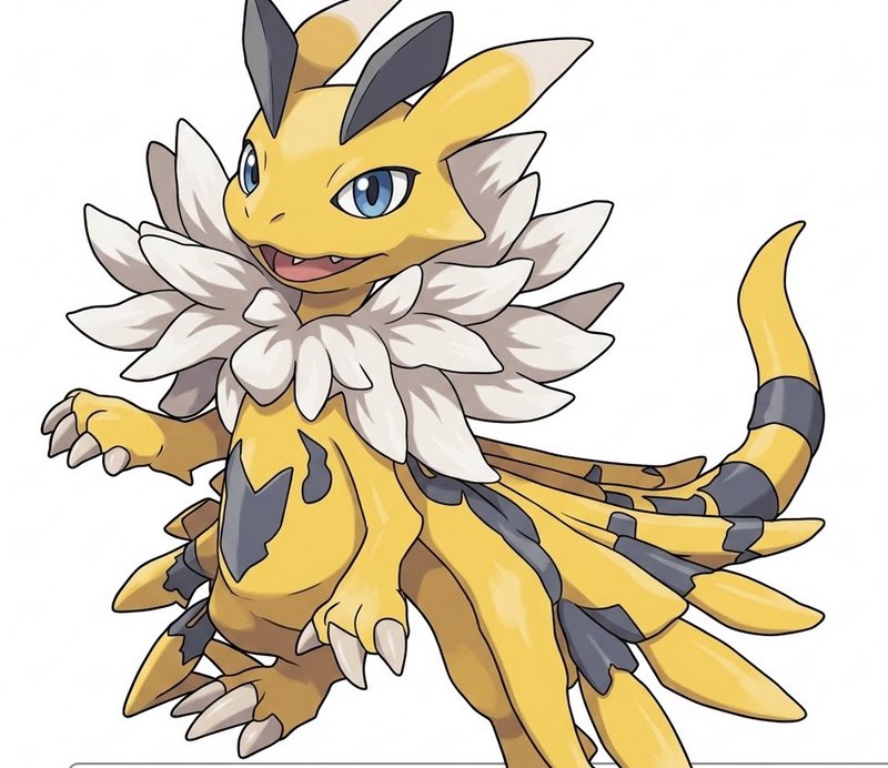 Yellow dragon-like creature with a white feathered frill and blue eyes.