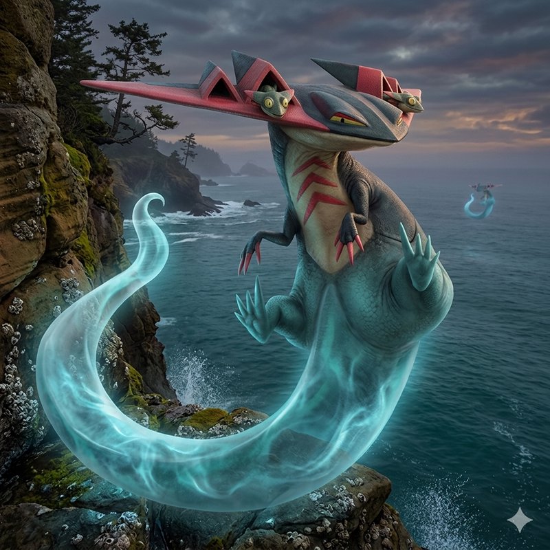 A cartoonish teal dragon with pink horns and a glowing blue tail leaping from rocky cliffs into t...