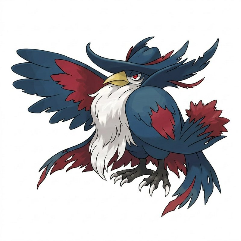 Colorful fantasy bird with blue plumage, white chest, and red accents in a dynamic pose