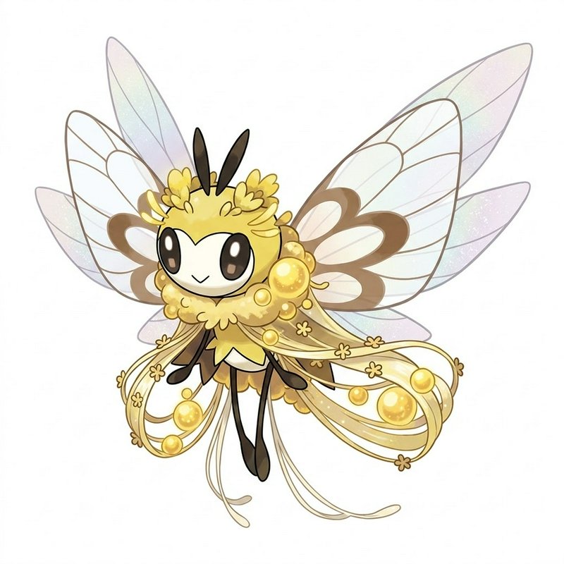 Cute golden bee fairy with iridescent wings and ornate floral gown