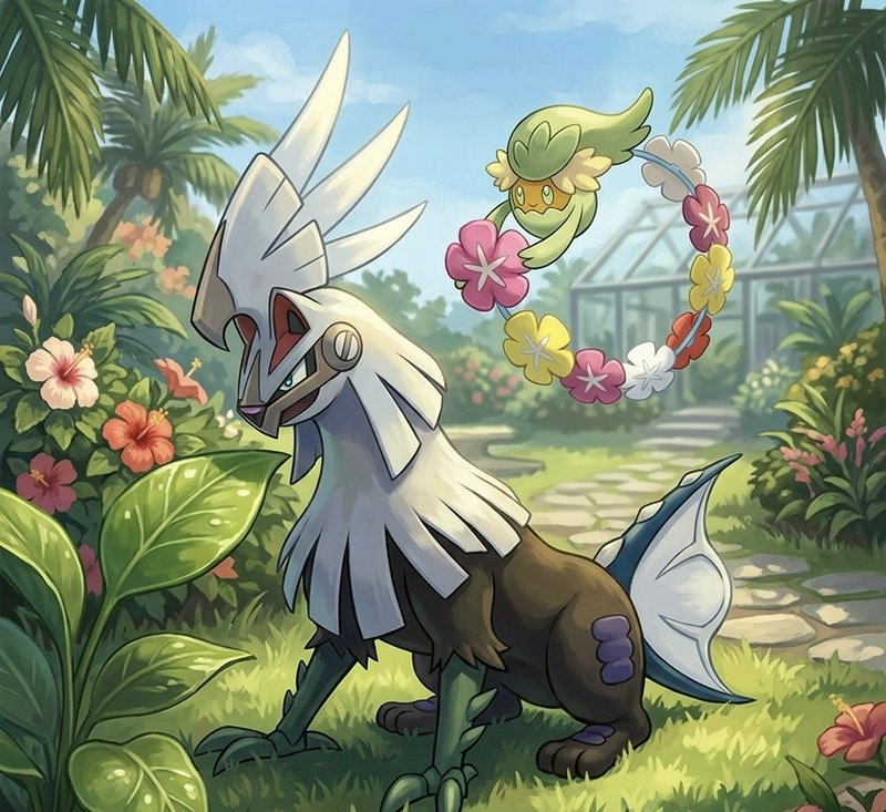 A fantasy Pokémon-inspired creature with a white crest in a sunny tropical garden.