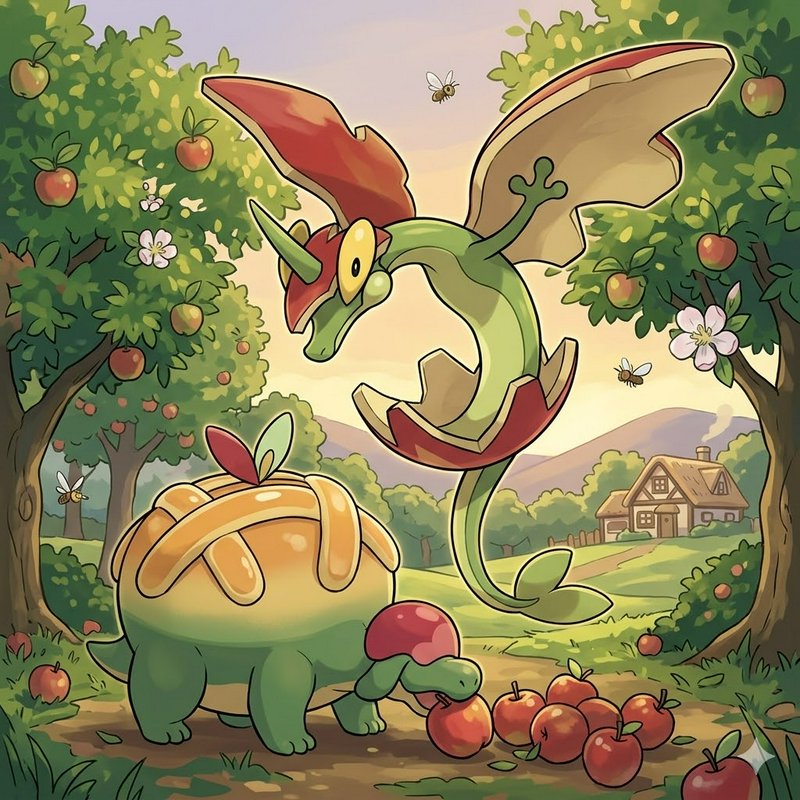 Whimsical dragon and turtle-like creature in a sunny apple orchard