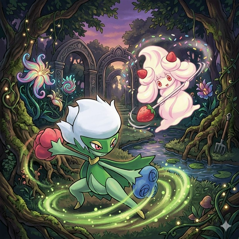 Green ninja-like Pokémon in a moonlit forest chasing a pink strawberry-topped whipped-creme creat...